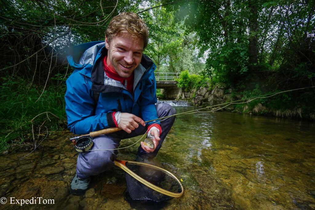 Visibly happy: Attie with his first small trout.
