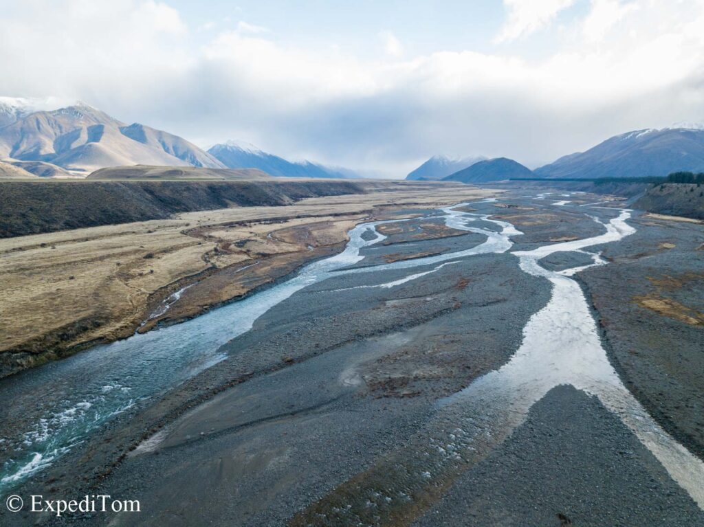 Aerial view of Ahuriri valley in the Southern Alps