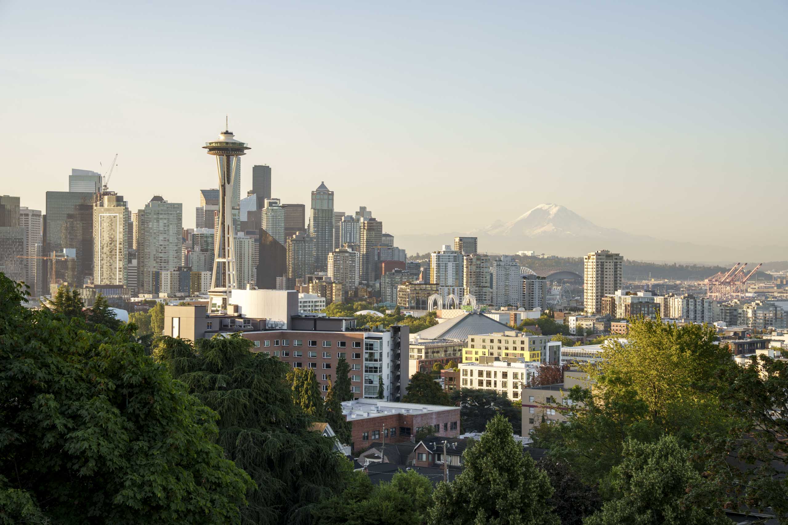 Seattle Skyline at Sunrise with Mt. Rainier in the background Seattle Skyline at Sunrise with Mt. Rainier in the background